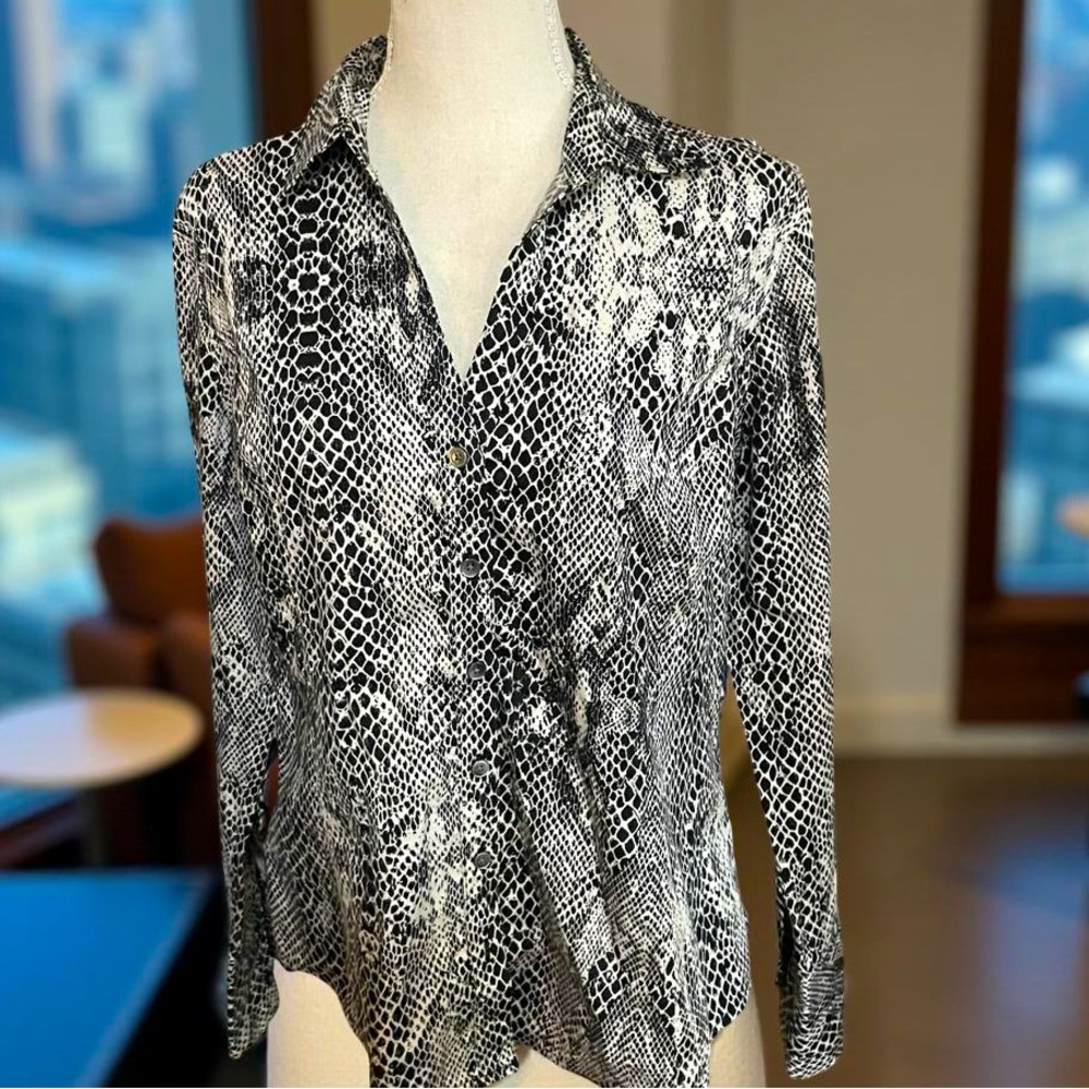 Calvin Klein Snakeskin shirt size LG black white button down long sleeve cotton - Picture 2 of 16